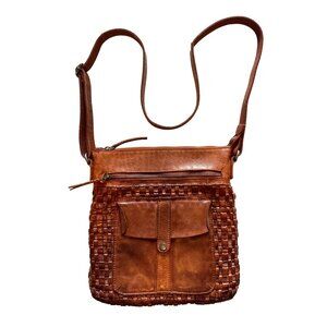 Vilenca Holland Chestnut Brown Woven Leather Crossbody Bag Boho Vintage Style